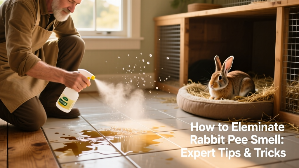 Hand spraying vinegar solution onto stained tile floor near rabbit enclosure
