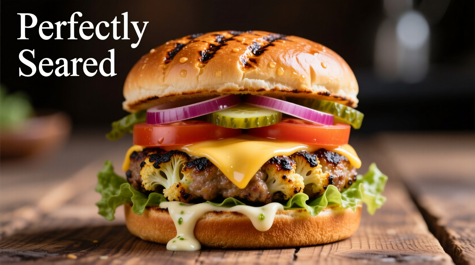 Perfectly seared cauliflower burger with melted cheese and fresh toppings