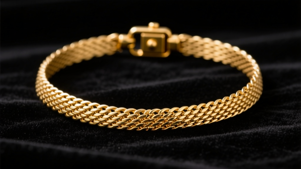 Vintage 14k gold Milanese mesh necklace on black velvet, showing fine woven texture and an antique box clasp in warm light.