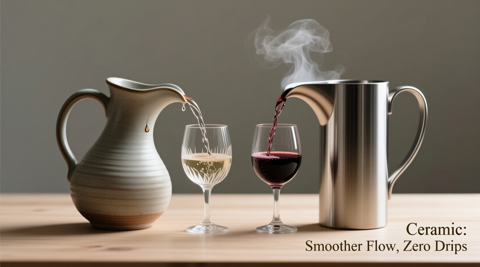 are ceramic wine pourers better than stainless steel for controlling flow and preventing drips