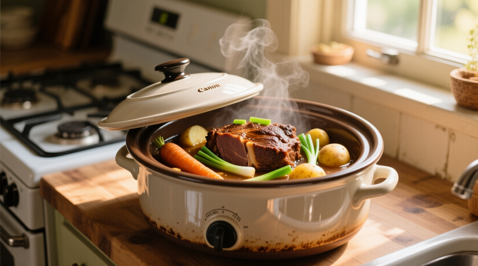 Slow cooker with beef roast and vegetables