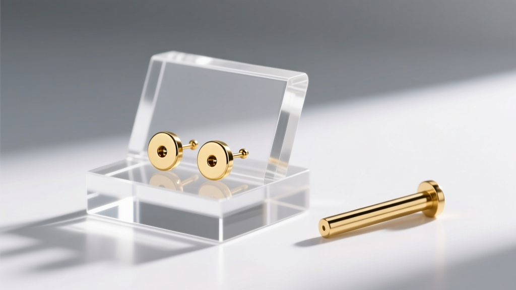 Clear acrylic earring stand with a 20-gauge gold stud in a 1mm hole, and a thicker 16-gauge post resting on the smooth surface