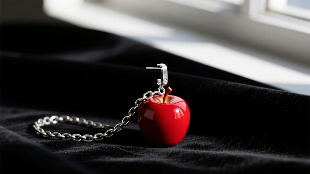 Sterling silver dangle earring with red enamel apple and oxidized chain resting on dark velvet fabric in moody, dramatic lighting.