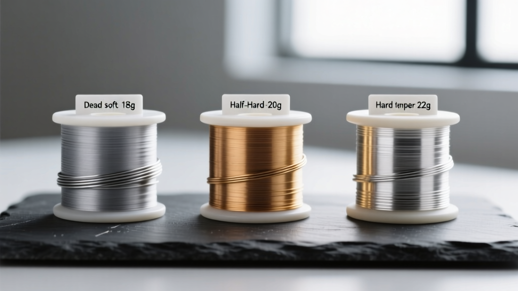 Three spools of jewelry wire in dead soft and half-hard tempers, labeled with gauge sizes, resting on a dark slate surface