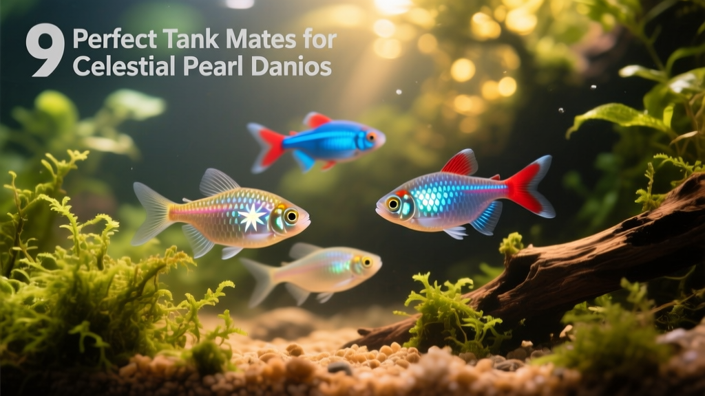 Close-up of neon tetras swimming alongside celestial pearl danios in a well-planted aquarium