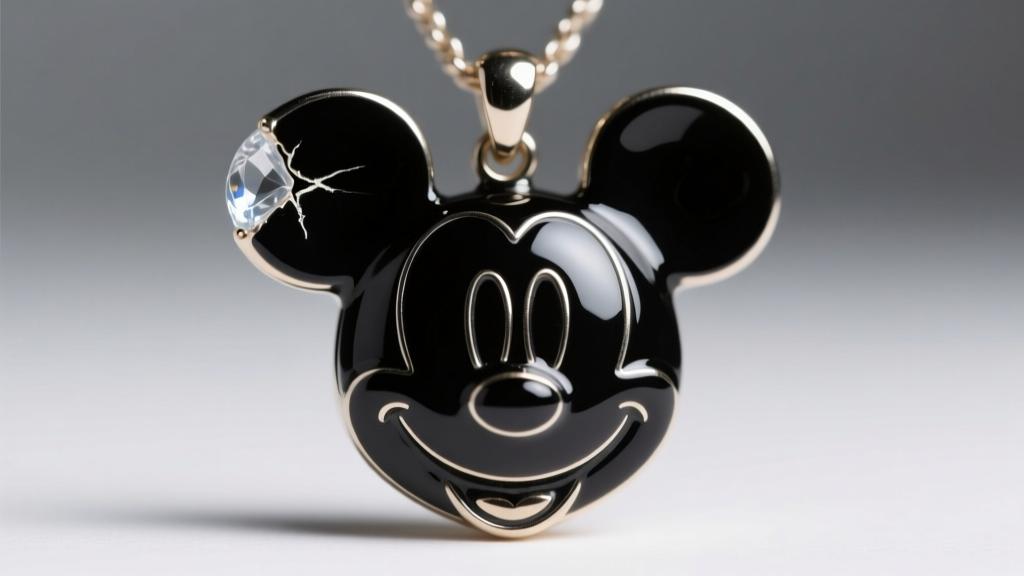 Macro shot of a black enamel Mickey Mouse pendant showing a small chip on the left ear being repaired with clear jewelry resin.