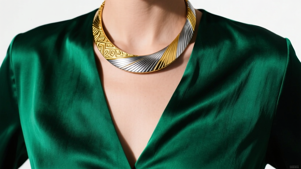 14k gold and titanium necklaces on an emerald silk V-neck blouse, showing contrasting metal textures and delicate fabric drape.