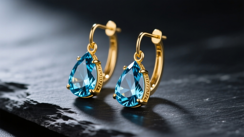 Close-up of 14k yellow gold drop earrings with pear-cut aquamarine gems resting on dark slate under soft, moody lighting.