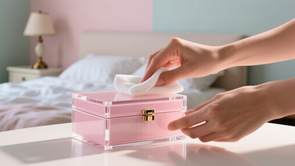 Hands wiping the exterior of a dusty pink snap-on acrylic jewelry box with a microfiber cloth against a blurred bedroom backdrop.