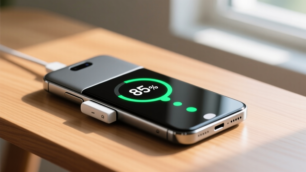 Close-up of a magnetic Qi2 power bank attached to a smartphone, digital display glowing to show 85 percent battery life on a wooden desk