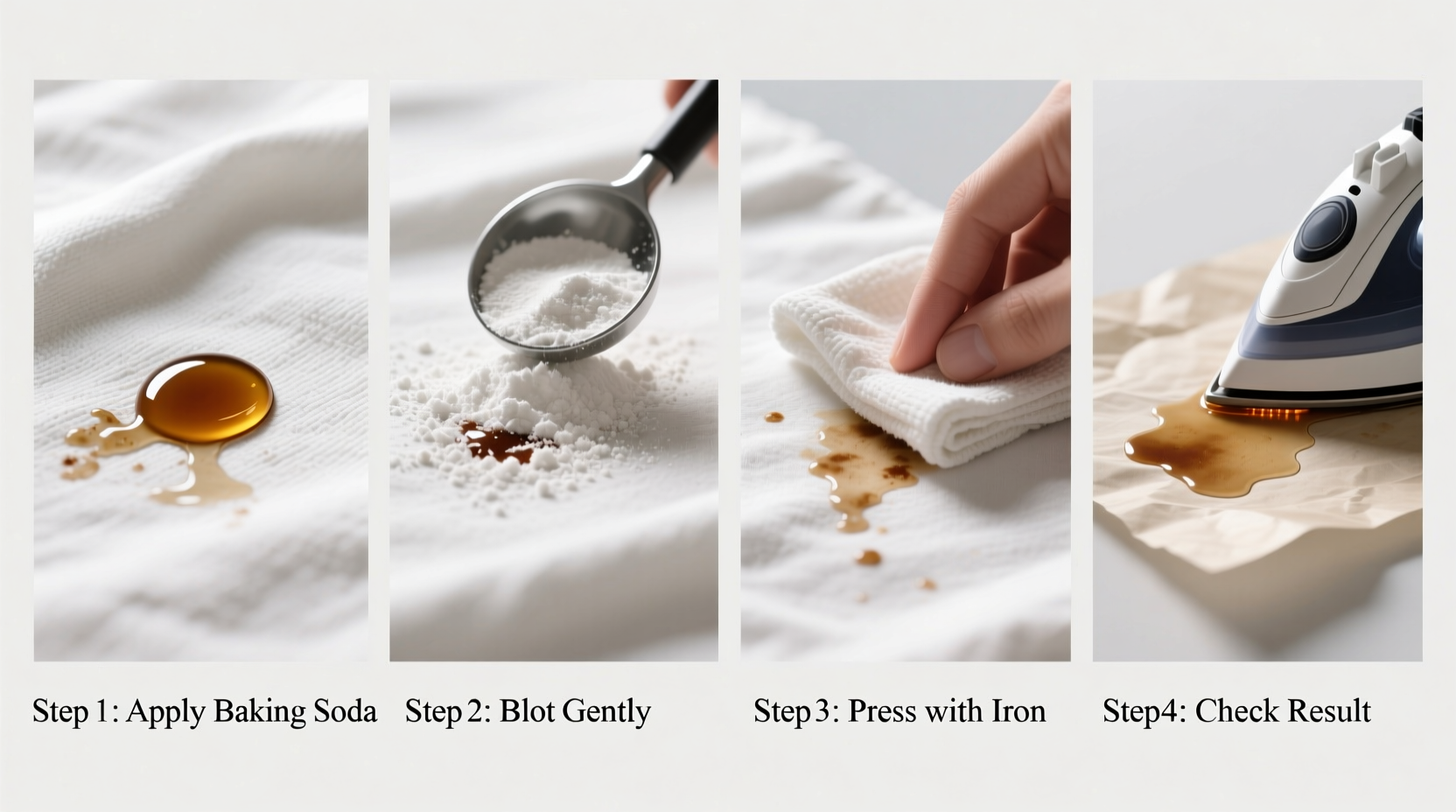 Step-by-step oil stain removal process on white fabric