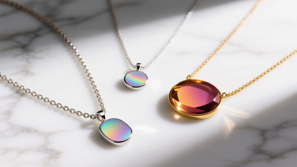 Three mood necklaces laid on marble: a base metal chain, a silver pendant, and a gold piece showing different color states