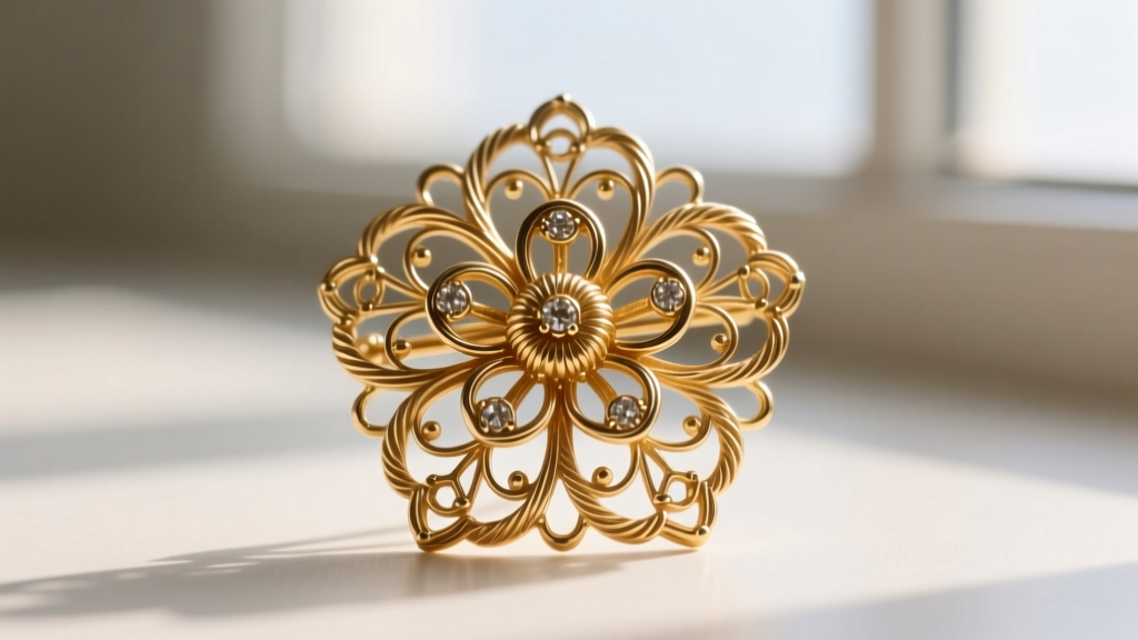 Macro shot of a vintage Miriam Haskell costume jewelry brooch featuring intricate brass wirework and matte Russian gold plating.