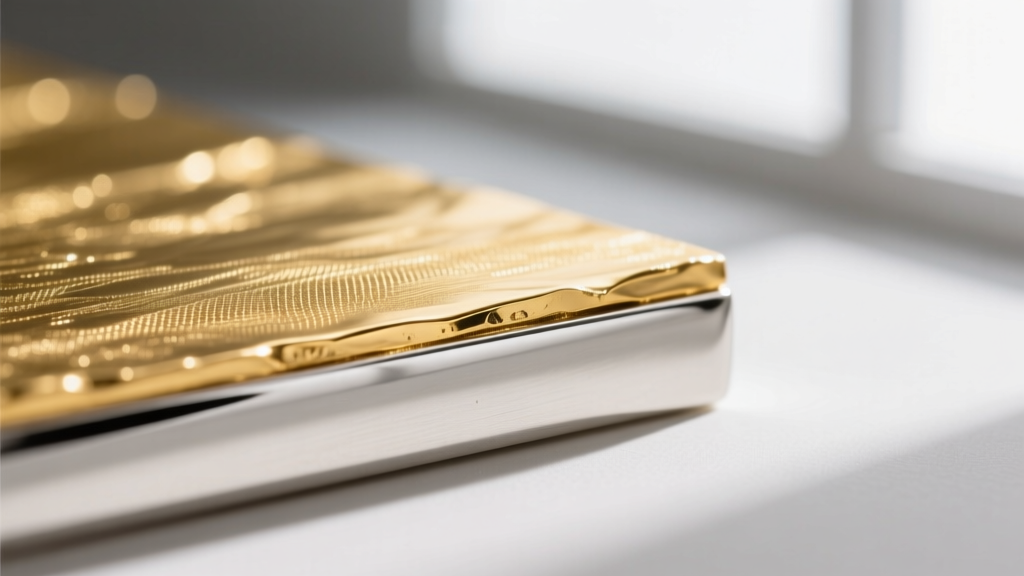 Macro shot of thick 2.5-micron gold vermeil layer over a sterling silver base, highlighting the crisp edge of the metal plating