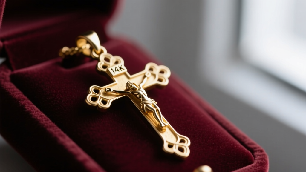 Macro shot of a 14k gold crucifix pendant on velvet, showing intricate filigree and a worn hallmark stamp on the connecting bail.