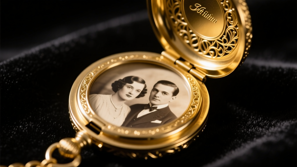 Close-up of an open 14k gold vintage locket revealing a sepia photograph, resting on dark velvet with soft, dramatic lighting.