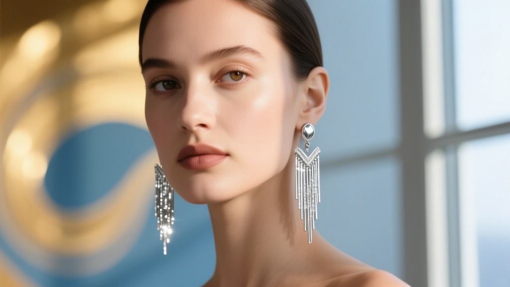 Editorial shot of a model wearing 3-inch sterling silver fringe earrings catching soft light against a blurred bokeh backdrop.