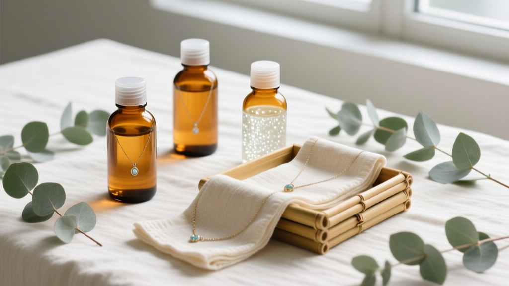 Flat lay of a homemade jewelry cleaner gift kit with amber glass bottles, bamboo cloths, and eucalyptus on linen.