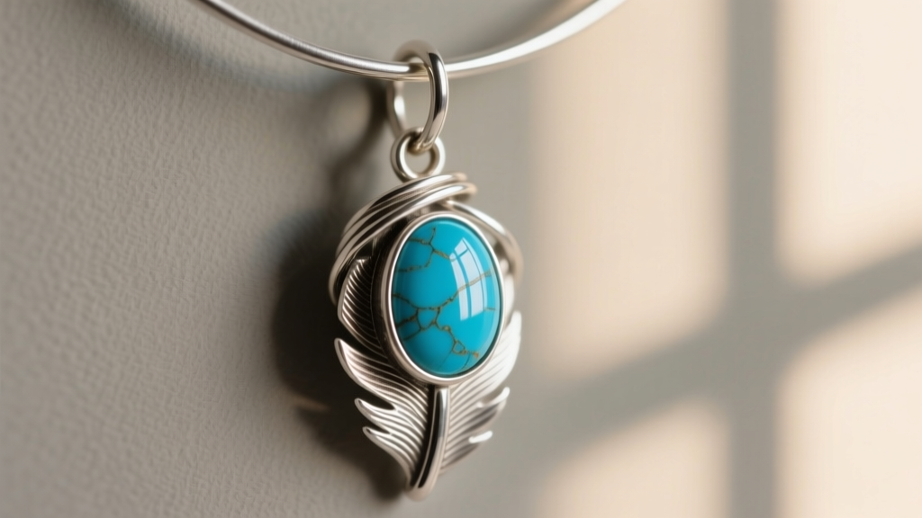 Macro shot of a 20-gauge sterling silver French wire hook on a metal feather pendant with a bezel-set turquoise cabochon.