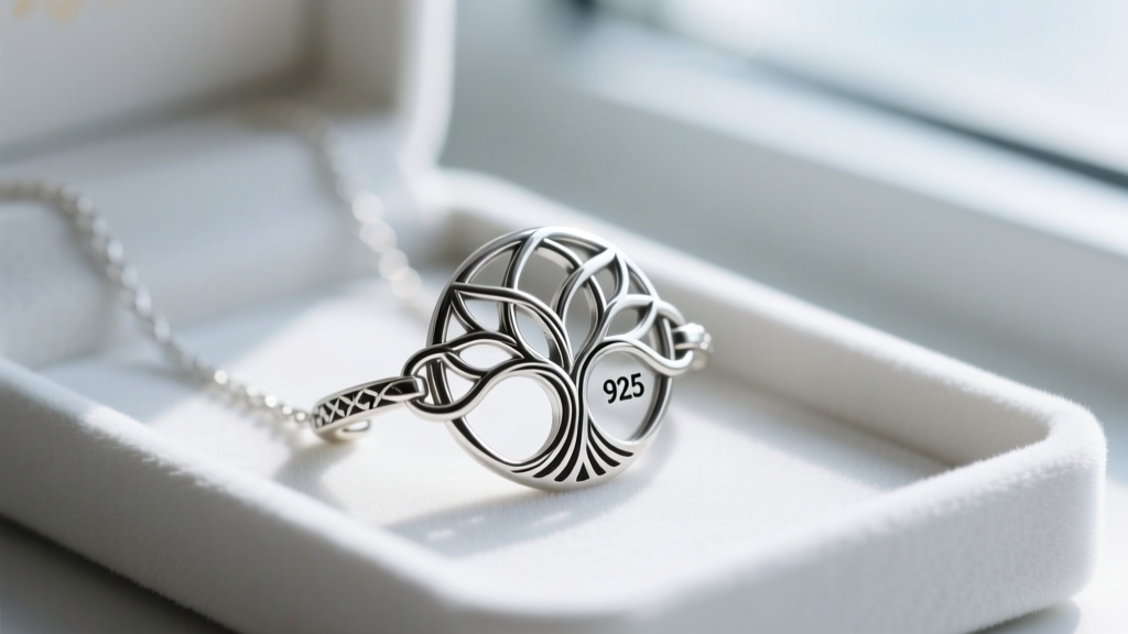 Macro shot of a sterling silver tree of life necklace clasp showing the 925 hallmark stamp, placed on a white velvet jewelry tray.