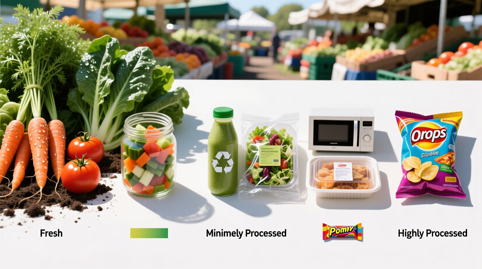 Visual comparison of processed food spectrum from fresh produce to packaged snacks