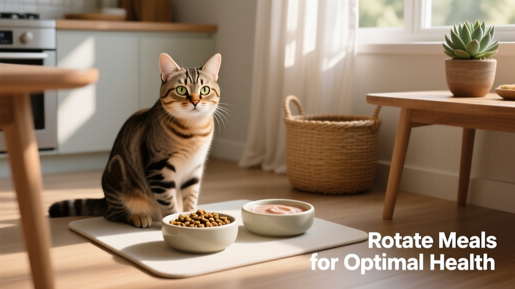 A relaxed, healthy-looking cat sitting beside two small bowls—one with dry food, one with wet food—on a tidy feeding mat