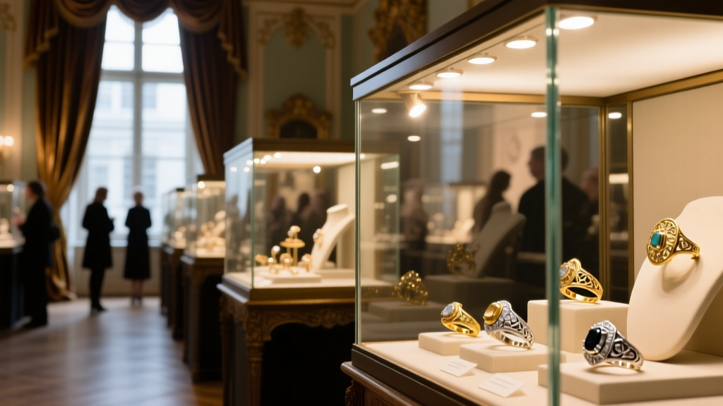 Bustling antique and jewelry show floor with glass cases filled with vintage gold and platinum rings under warm spotlights.