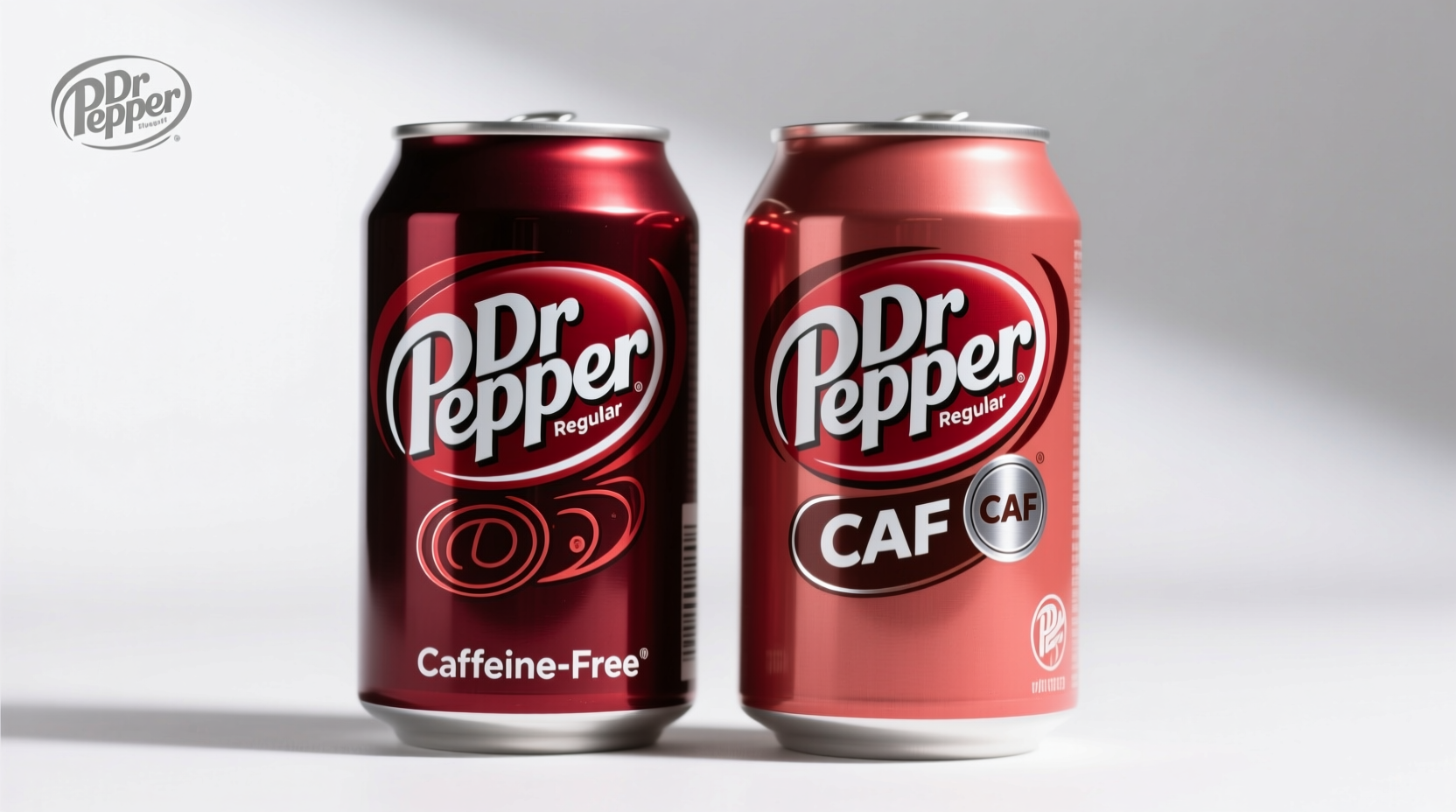 Dr Pepper cans showing regular and caffeine-free versions side by side