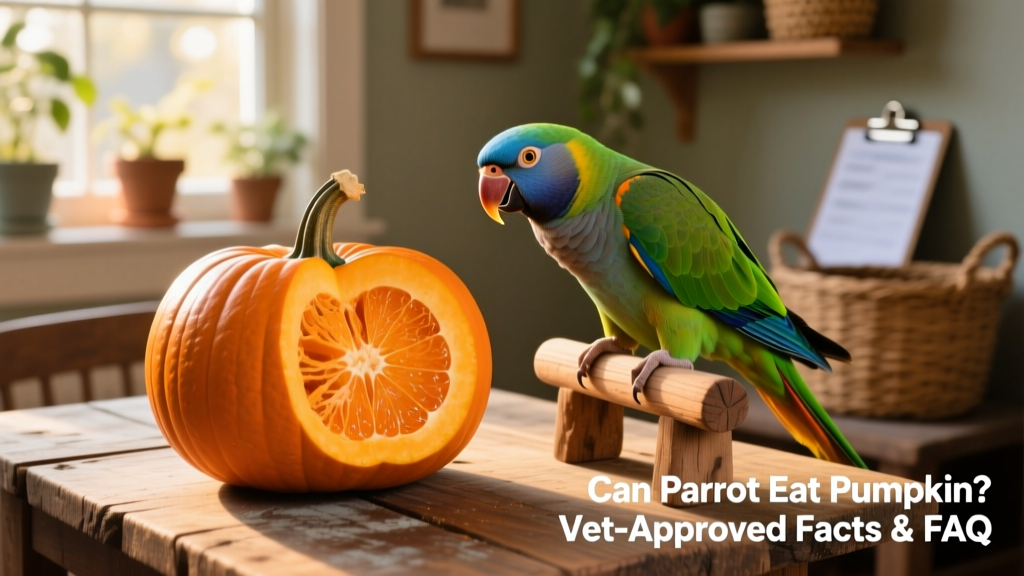 A vibrant orange pumpkin slice next to a curious parrot perched on a wooden perch