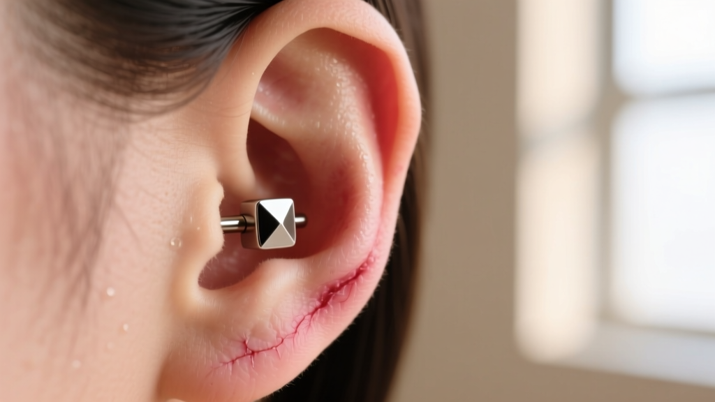 Macro shot of a healing earlobe wearing a titanium labret stud, softly lit against a blurred beige background in a modern studio.