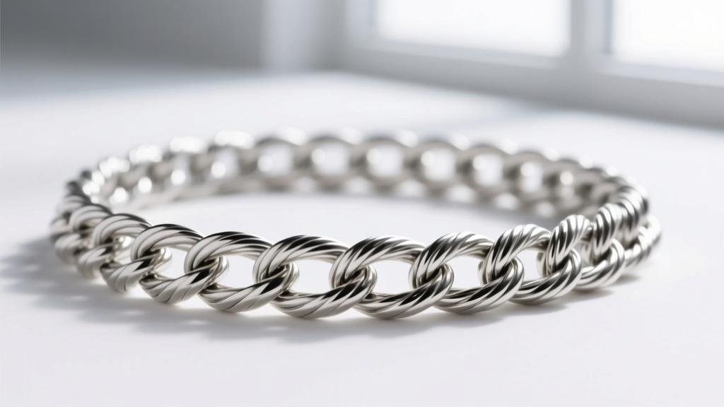 Studio shot of a twisted 3mm sterling silver rope chain, highlighting the helical link structure and tightly soldered joints.