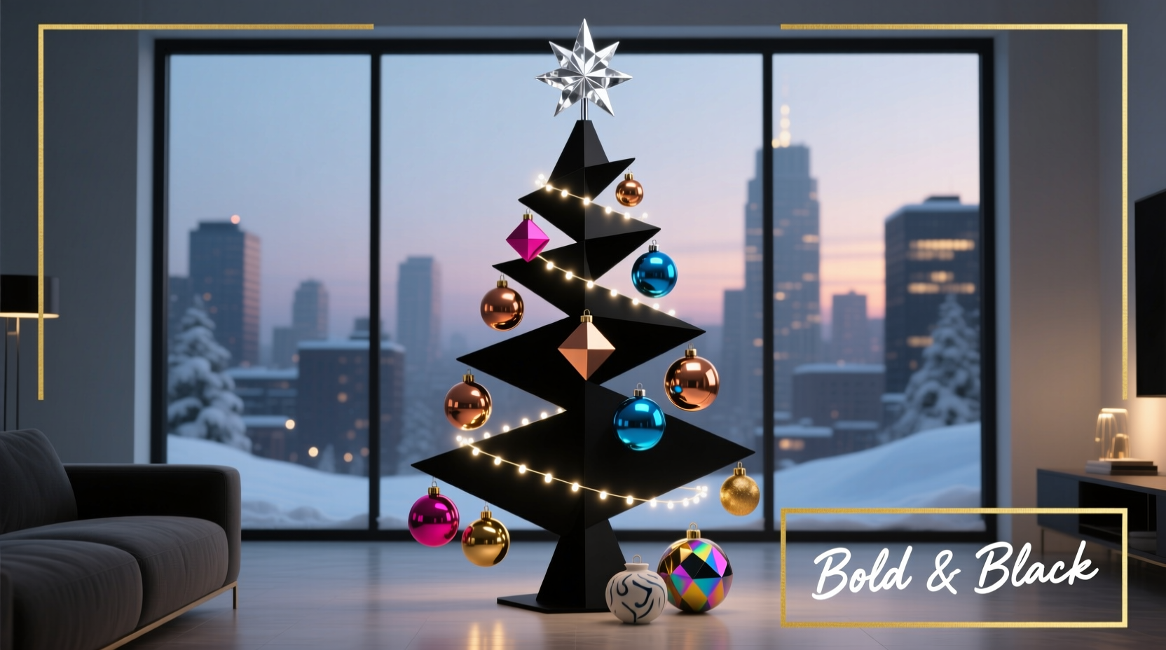 how to style a black christmas tree with bold colorful or metallic accents