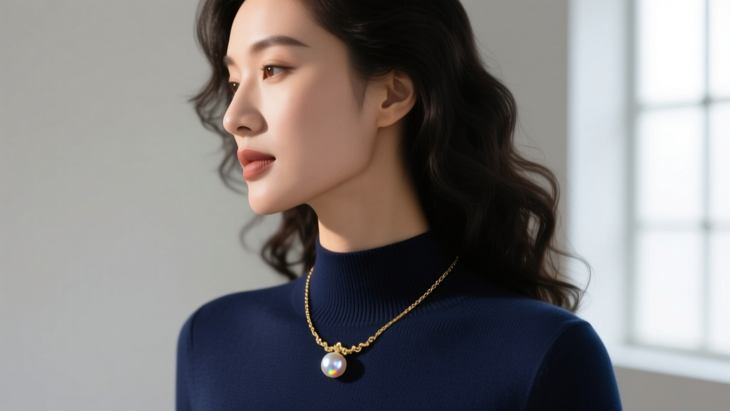 Side profile of a woman wearing a baroque pearl pendant on a gold chain over a navy boatneck sweater in soft natural daylight