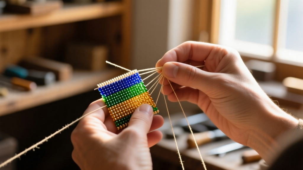 Artisan hands weaving glass seed beads onto nylon thread using a peyote stitch, illuminated by warm, golden afternoon sunlight.