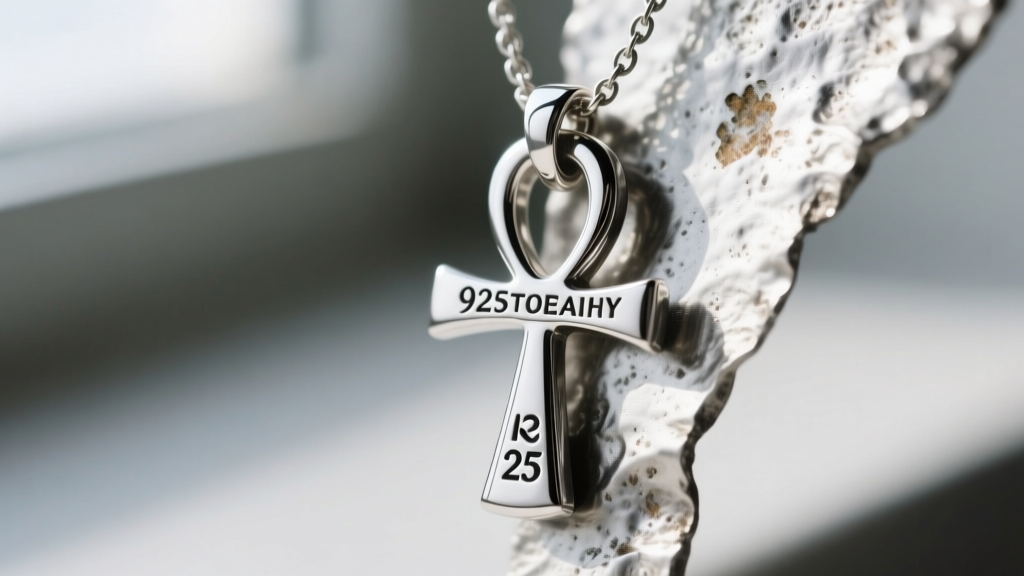 Macro shot of a 925 sterling silver ankh necklace showing the stamped hallmark and a slightly oxidized textured silver background.