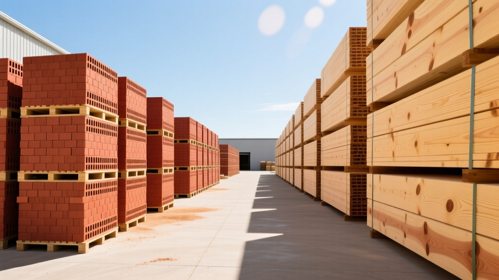 Pallets of modular red clay brick and stacked Southern Yellow Pine timber at a regional building material supply yard in Oklahoma under clear skies