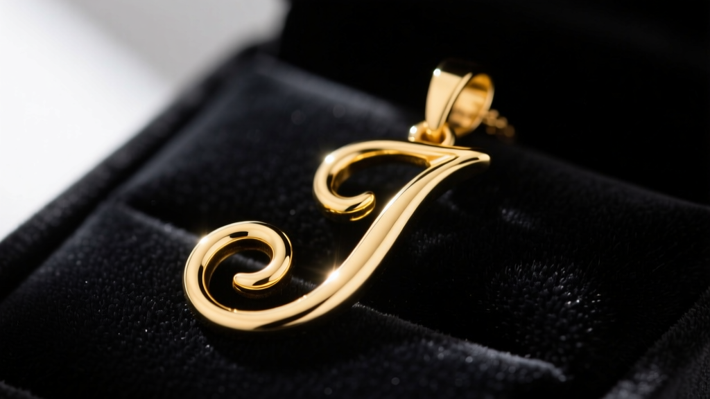 Close-up of a 14k yellow gold cursive J pendant on dark velvet, highlighting intricate loops and a highly polished metal finish.