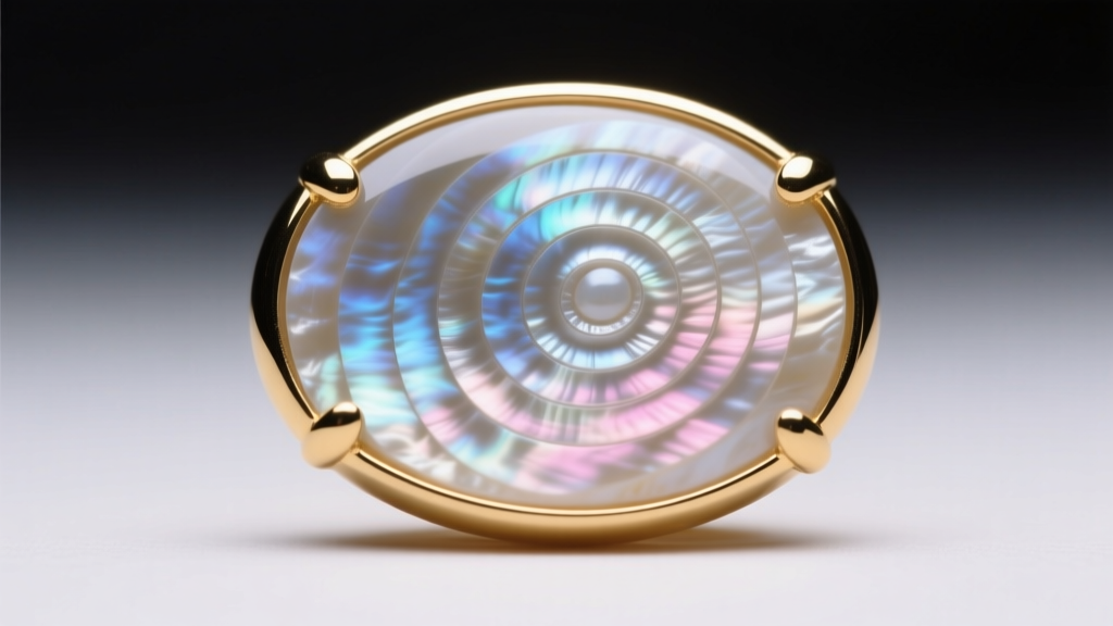 Macro shot of carved mother of pearl cabochon in 14k gold, revealing deep natural concentric growth rings of the nacre
