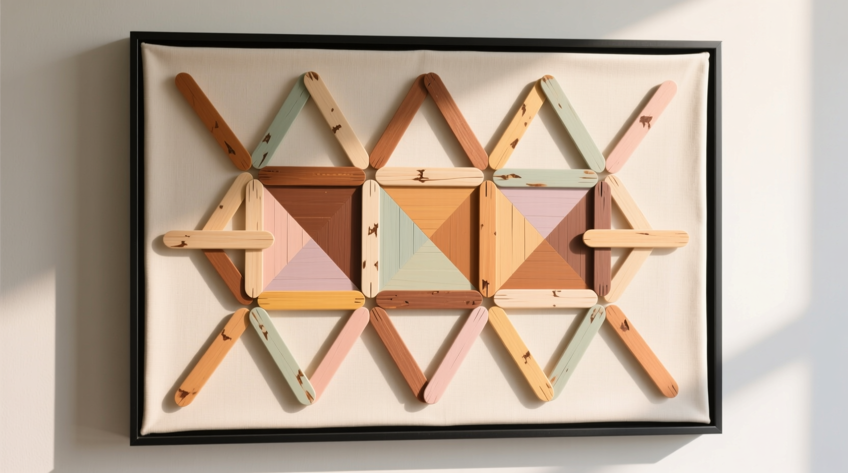 Modern geometric wall art made from painted popsicle sticks