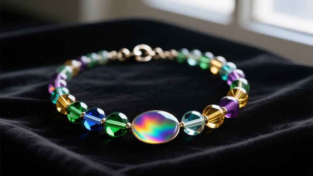 Vintage aurora borealis necklace with iridescent glass beads on dark velvet, highlighting vibrant rainbow light refraction.