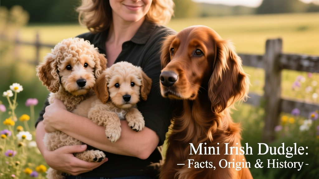A breeder gently holding a Mini Irish Doodle puppy alongside its Miniature Poodle and Irish Setter parents, illustrating the breed's dual heritage