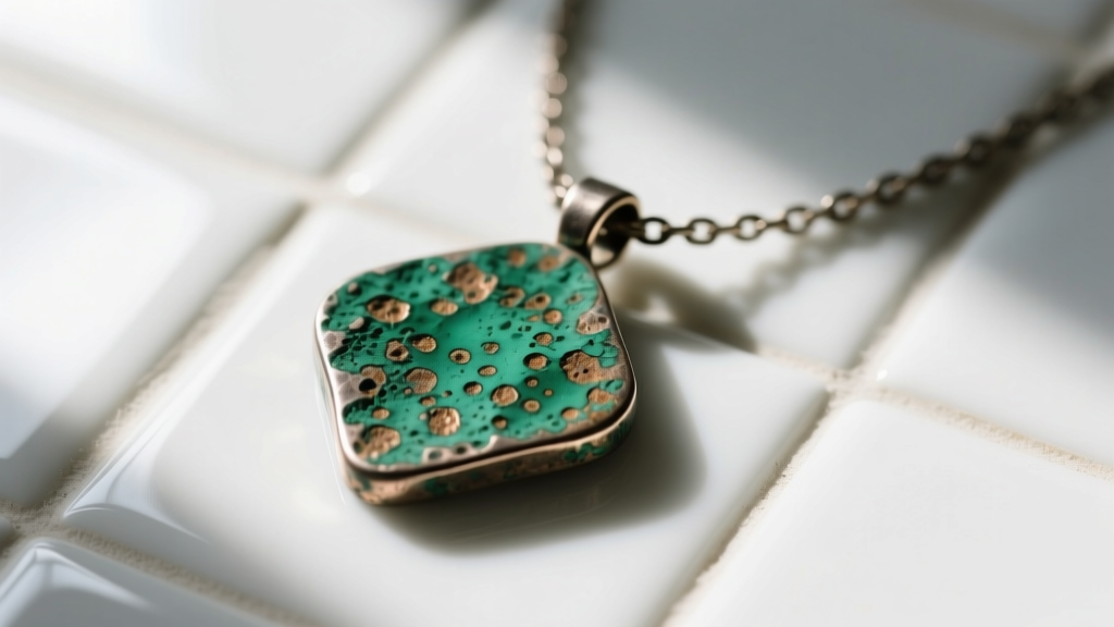 Macro shot of a zinc alloy novelty necklace showing green oxidation and surface pitting on a white ceramic tile background