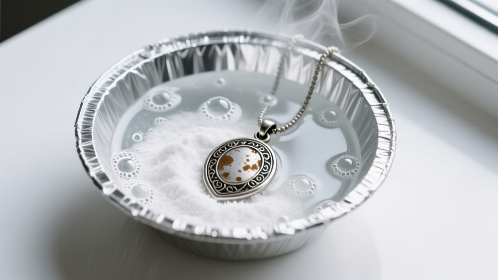 Top view of an aluminum foil bowl with hot water, baking soda, and a tarnished silver pendant in an electrochemical cleaning tub