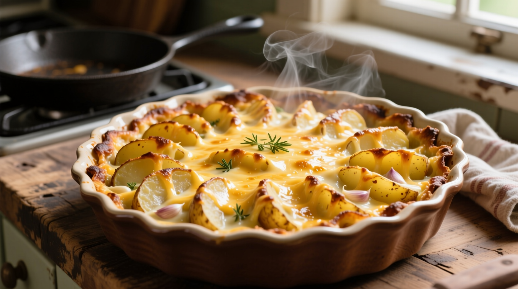 Golden brown ham scalloped potato casserole with melted cheese