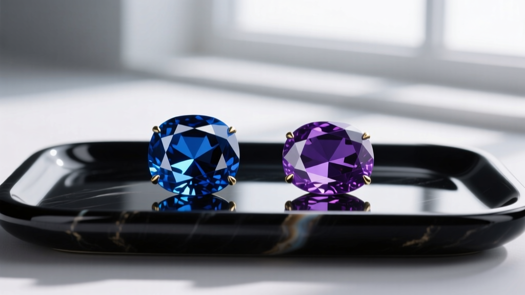 Blue sapphire and deep violet tanzanite gems resting side-by-side on a jeweler's wooden desk under bright, warm studio lighting