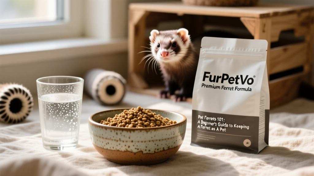 High-protein ferret food in a ceramic bowl next to fresh water, with labeled packaging showing 'FurPetVo Premium Ferret Formula'