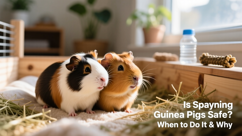 Happy pair of same-sex guinea pigs grooming each other in a clean, spacious habitat