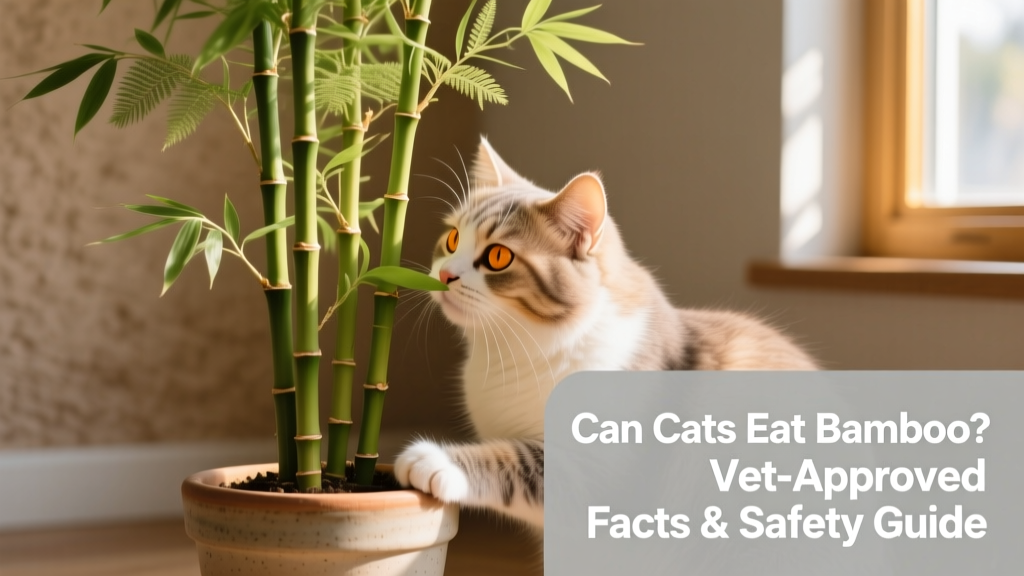 A domestic cat gently sniffing a potted true bamboo plant with green, slender stalks and feathery leaves