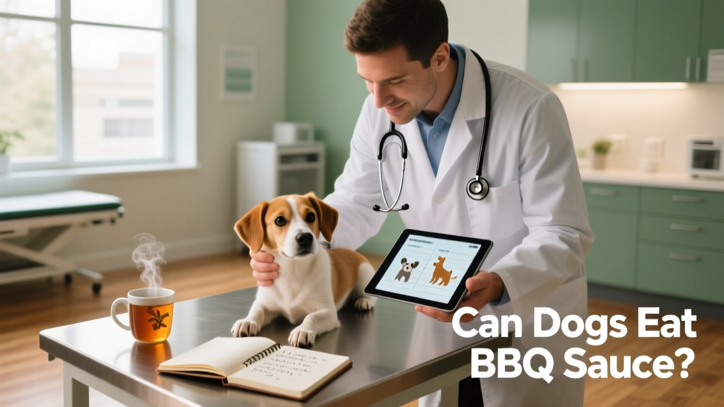 A veterinarian gently examining a small dog in a calm clinic setting, with a stethoscope and chart nearby