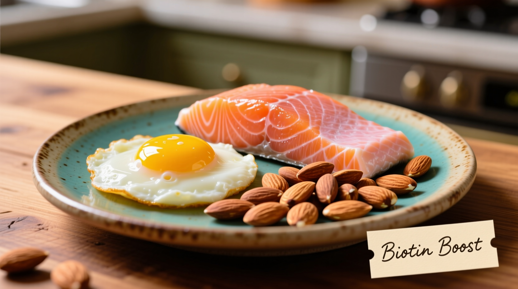 Colorful plate of biotin-rich foods including eggs, salmon, and almonds